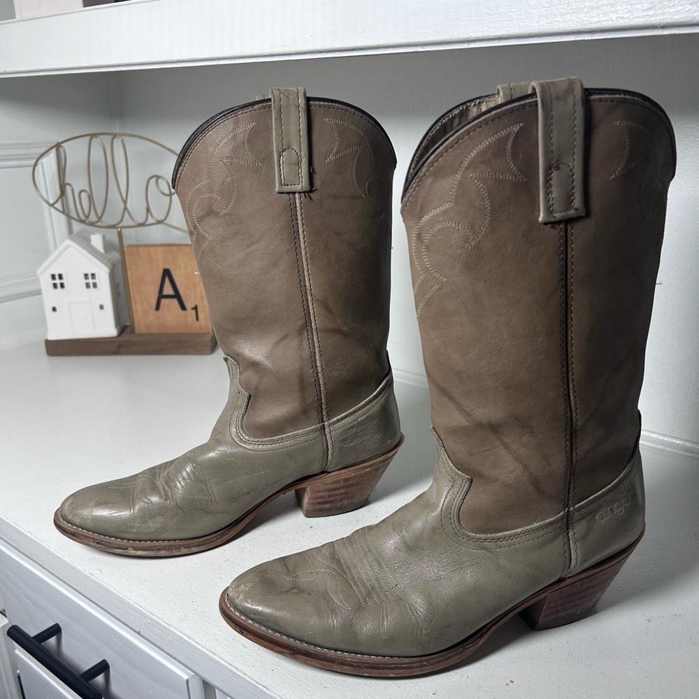 Vintage Dingo Cowboy Boots Mens 10.5D Taupe Gray Leather Western Boots USA Made